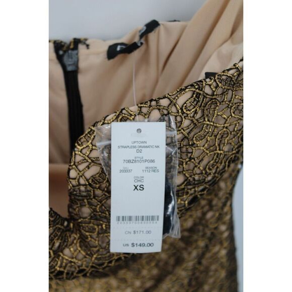 BEBE UPTOWN STRAPLESS DRAMATIC BODYCON MINI DRESS SIZE XS GOLD MSRP $149 NWT - Picture 7 of 9
